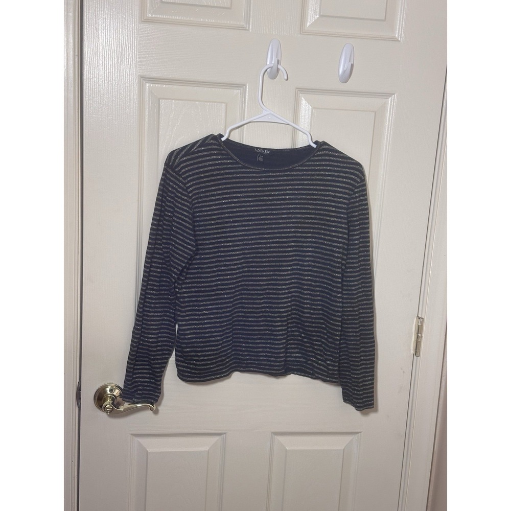 Ralph Lauren women's Long-sleeve Top W Navy Base And Metallic Stripes Size L